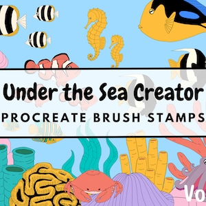 Puede incluir: Un conjunto de sellos digitales para Procreate con criaturas submarinas, incluyendo un cangrejo, un pulpo, un caballito de mar, una medusa y coral. El texto "Under the Sea Creator" y "Procreate Brush Stamps" se muestra en un fondo azul. El texto "Vol. 1" también se muestra en la esquina inferior derecha.