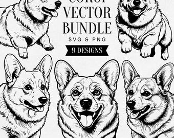 Vintage Corgi SVG Bundle, Realistic Dog PNG Clipart, Pet Illustration, Small Dog Vector, Tattoo Design, Commercial Use