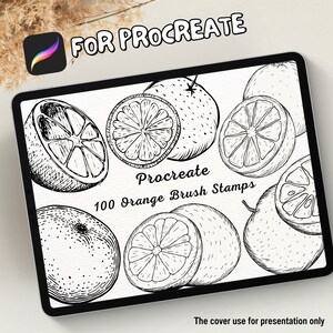 May include: A digital illustration of 100 black and white orange brush stamps for Procreate. The image shows a variety of oranges, including whole oranges, orange slices, and orange peels.