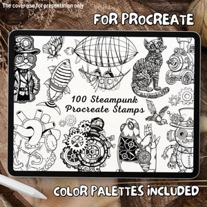 Könnte beinhalten: Eine digitale Illustration von 100 schwarz-weißen Stempeln im Steampunk-Stil für die Verwendung in der Procreate-App. Die Stempel umfassen eine Vielzahl von Designs, wie z. B. Zahnräder, Roboter, Luftschiffe und Tiere. Der Text "FOR PROCREATE" und "100 Steampunk Procreate Stamps" ist im Bild enthalten. Der Text "COLOR PALETTES INCLUDED" ist ebenfalls im Bild enthalten.