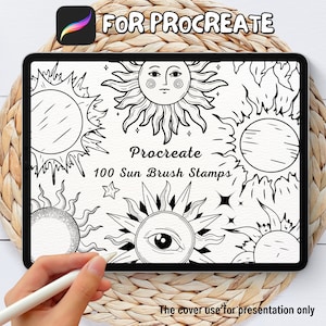 May include: A digital illustration of 100 black and white sun brush stamps for Procreate. The image shows a variety of sun designs, including suns with faces, eyes, and simple circles.