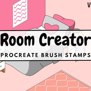 Pode incluir: Uma ilustração digital de um interior de quarto com uma cama, uma mesa de cabeceira, uma planta, um tapete e uma estante. O texto "Room Creator" e "Procreate Brush Stamps" é exibido em um retângulo branco. O texto "Vol. 1" é exibido no canto superior direito.