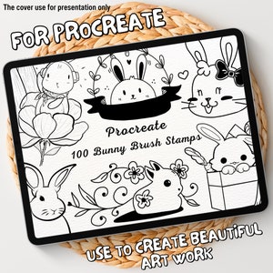 Może przedstawiać: Cyfrowa ilustracja 100 stempli pędzla z królikami do Procreate. Obraz przedstawia różne urocze wzory królików, w tym króliki z kwiatami, sercami i kokardkami. W obrazie widoczny jest tekst "FOR PROCREATE" i "100 Bunny Brush Stamps".