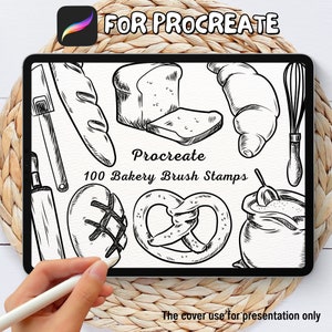 May include: A digital tablet screen displaying a set of 100 Procreate bakery brush stamps. The stamps feature hand-drawn illustrations of various bakery items, including bread, pretzels, croissants, and a bag of flour. The text "Procreate 100 Bakery Brush Stamps" is displayed on the screen.