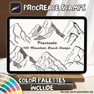 May include: A digital illustration of 100 mountain brush stamps for Procreate. The image shows a black and white drawing of a mountain range. The text "Procreate 100 Mountain Brush Stamps" is displayed on the image. The text "COLOR PALETTES INCLUDE" is displayed below the image.