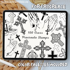 Könnte beinhalten: Eine digitale Illustration von 100 schwarzen und weißen Kreuzdesigns zur Verwendung mit der Procreate-App. Der Text "FOR PROCREATE" und "100 Cross Procreate Stamps" ist auf dem Bildschirm sichtbar. Der Text "COLOR PALETTES INCLUDED" ist am unteren Bildschirmrand sichtbar.