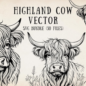Puede incluir: Ilustración vectorial en blanco y negro de vacas de las Tierras Altas. La imagen presenta tres dibujos detallados de los animales, con cuernos prominentes y pelaje lanudo. El texto "HIGHLAND COW VECTOR SVG BUNDLE (30 FILES)" se muestra en la parte superior.