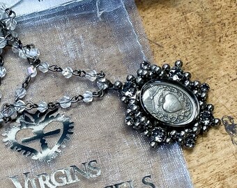 Virgins Angels and Saints VSA Oval Cloister Sacred Heart Medallion Necklace Black and White Crystal Magdalena