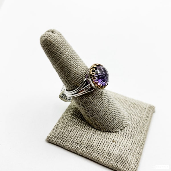 Estate 18k Amy Gold and Sterling Silver ring with Amethyst and Diamonds size 7