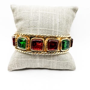 Estate Chanel Bangle/Cuff Bracelet Gold Tone Red, Green, and Orange Stones