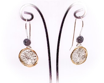 Israeli Made Sterling Silver and Gold Filled Tree of Life Dangle Earrings - Dganit Hen