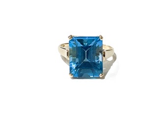 Blue Topaz Emerald Step Cut Solitaire Ring 12 x 10mm in 14k Gold Size 5