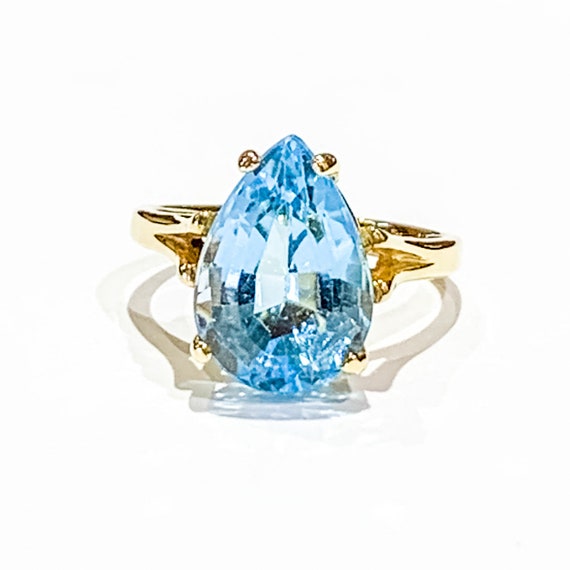 14k Yellow Gold Pear Shape Blue Topaz Ring - image 2