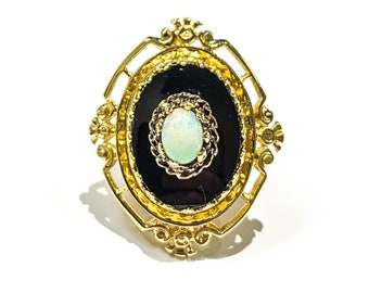 14k Yellow Gold Large Oval Onyx and Opal Antique Ring - Estate Jewelry