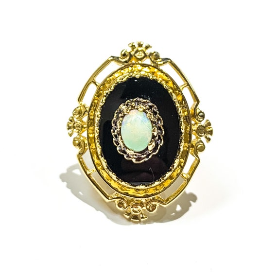 14k Yellow Gold Large Oval Onyx and Opal Antique R