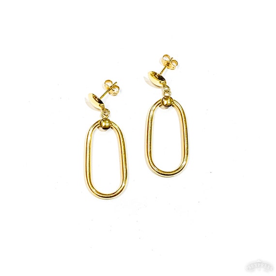 14k Yellow Gold Oval Tube Drop Earrings on Posts - image 2