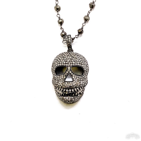 Diamond Skull Pendant on Oxidized Labradorite Ste… - image 1