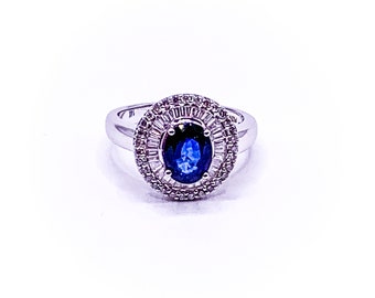 Vintage 8mm by 6mm Oval Blue Sapphire Baguette and Round Diamond 14k White Gold Ring