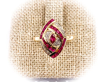 Vintage Ruby and Diamond Marquise Shape 14k Yellow Gold Ring