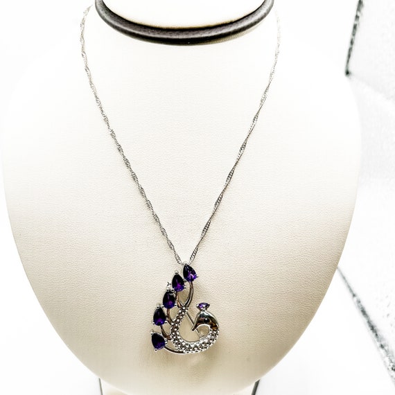Estate Sterling Silver Swan Necklace with Amethys… - image 1