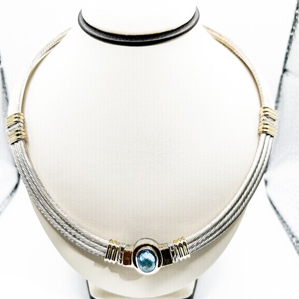 Sterling Silver Choker Necklace with 18k Gold and Blue Topaz Stones