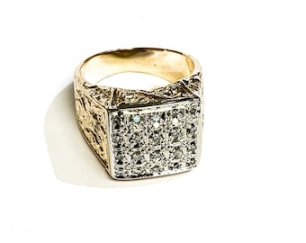 Large Vintage Gents 18k Yellow and White Gold Diamond Ring