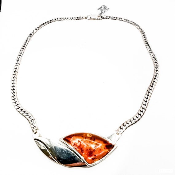 Serling Silver Estate Necklace with Amber Stone