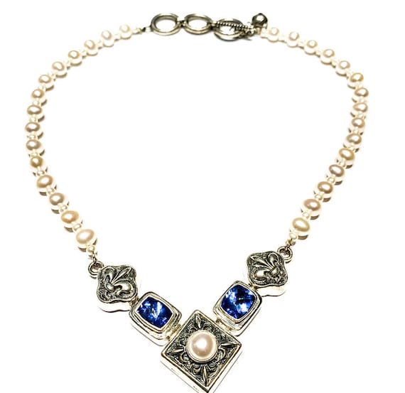SS Blue Topaz & Pearl Necklace