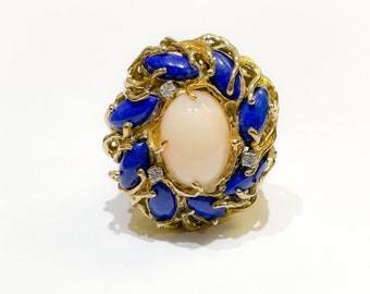 Bold Vintage Blue Lapis and Coral Ring in 14k Yellow Gold with Diamonds