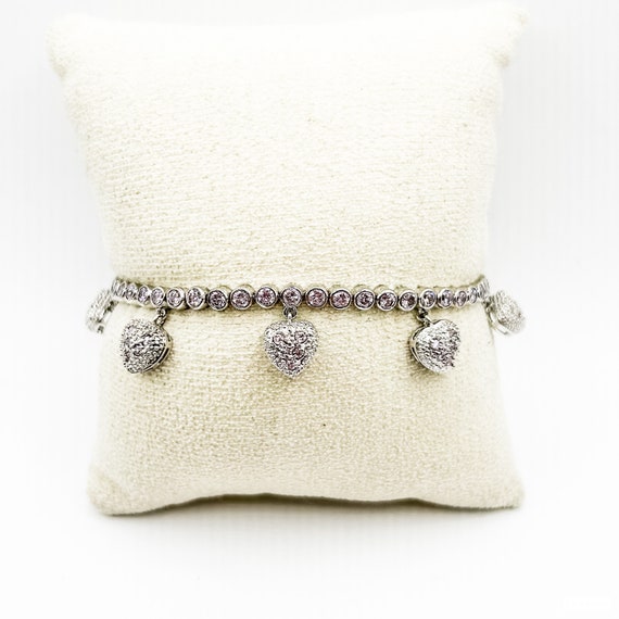 Estate Serling Silver Heart Bracelet with Pink St… - image 1