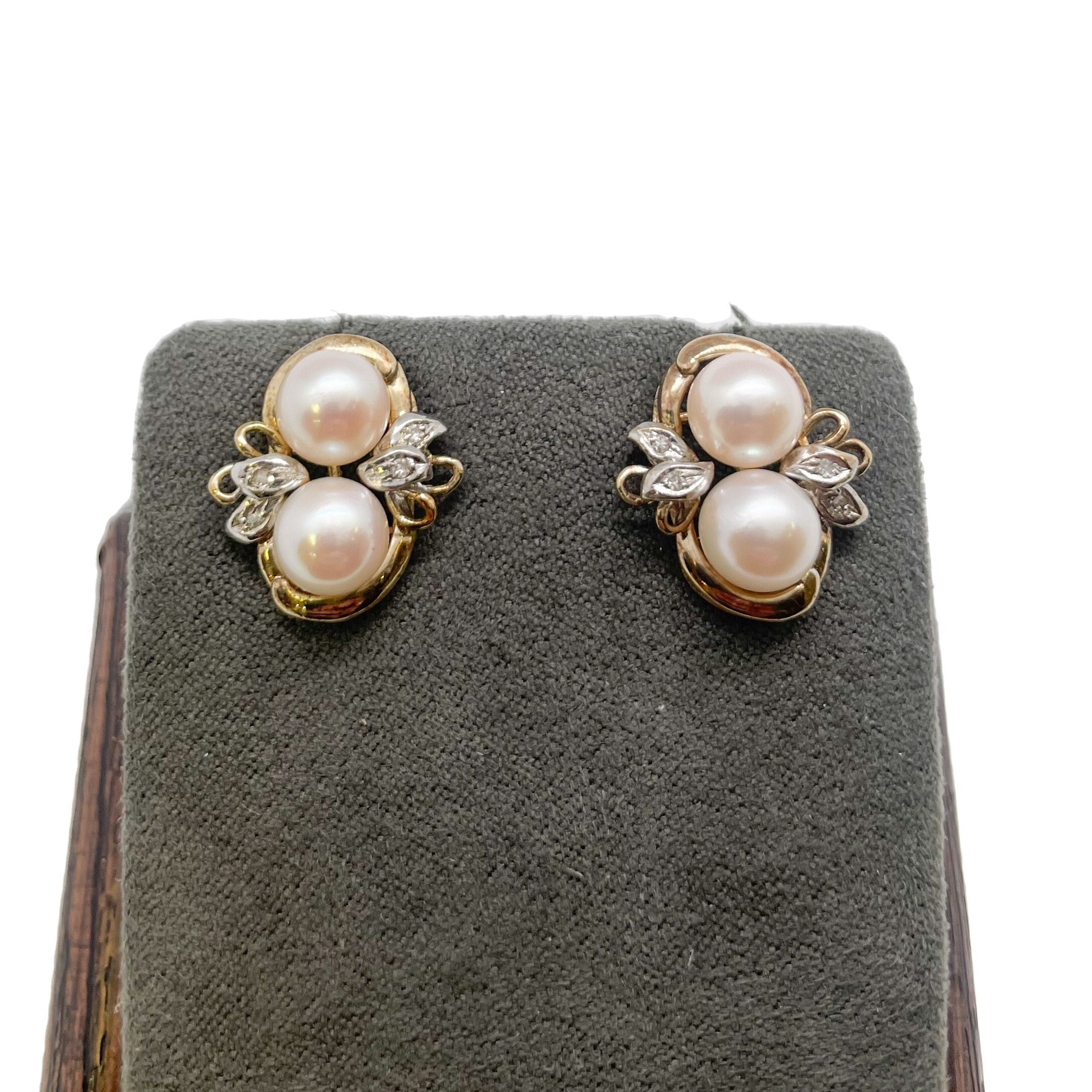 Vintage Pearl and Diamond Stud Earrings in 14k White and