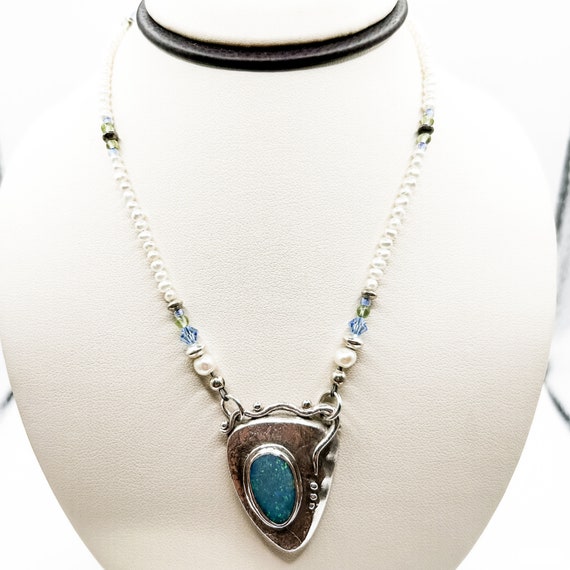 Estate Serling Silver Pearl Necklace with Opal