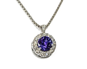 Unique 14k White Gold 3.92 Carat Round Tanzanite and Diamond Pendant