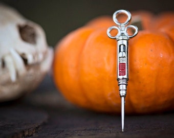 Vintage Medical Syringe Lapel Pin | silver plated push pin | anatomy surgical nurse doctor | blood phlebotomy needle | Demonic Pinfestation