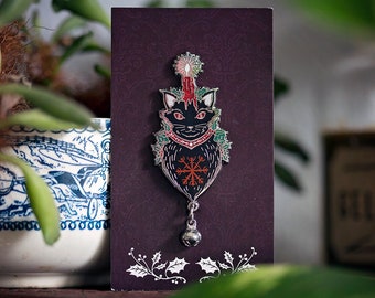 Yule Edition ** Black Cat Enamel Pin | silver plated push pin | Norse Icelandic yuletide pagan heathen asatru | Helm of Awe | witchy kitten