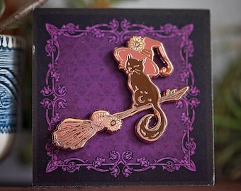 Midsummer Kitty on Broom Enamel Pin | copper plated push pin | Beltane Midsommar | esoterica occult witch pagan | kitten cat | Pickety Witch