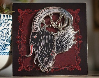 Yule Edition ** Krampus Enamel Pin | silver plated push pin | black goat demon yuletide pagan heathen asatru | pentagram rune | witch goats