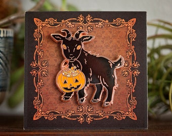 Halloween Edition ** Trick-or-Treat Baby Goat Enamel Pin | copper plated push pin | black goat | creepy cute jack-o-lantern | Pickety Witch