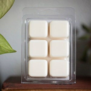 May include: A clear plastic pack containing six ivory-coloured wax melt cubes. The cubes are square and arranged in two rows of three. The background includes green foliage and a glimpse of a decorative pot.