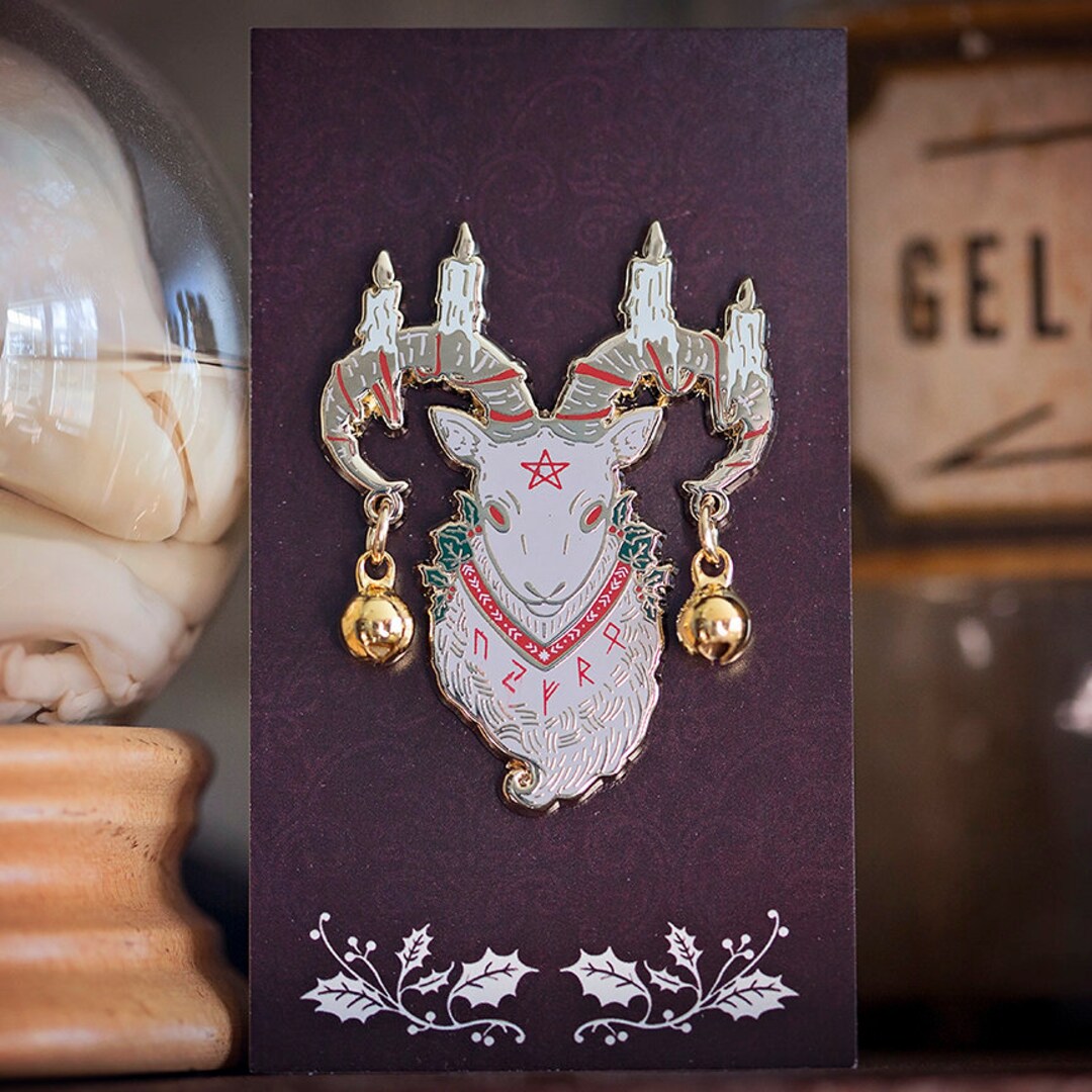 Yule Edition White Goat Enamel Pin Gold Plated Push Pin Norse Icelandic
