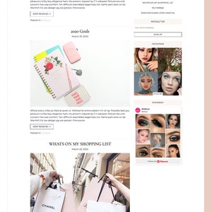 May include: A blog post titled "Top makeup brands I use" featuring a photo of various makeup products on a black surface. The blog post discusses the author's favourite makeup brands and includes a photo of a notebook with the words "Make your own magic" written on it.