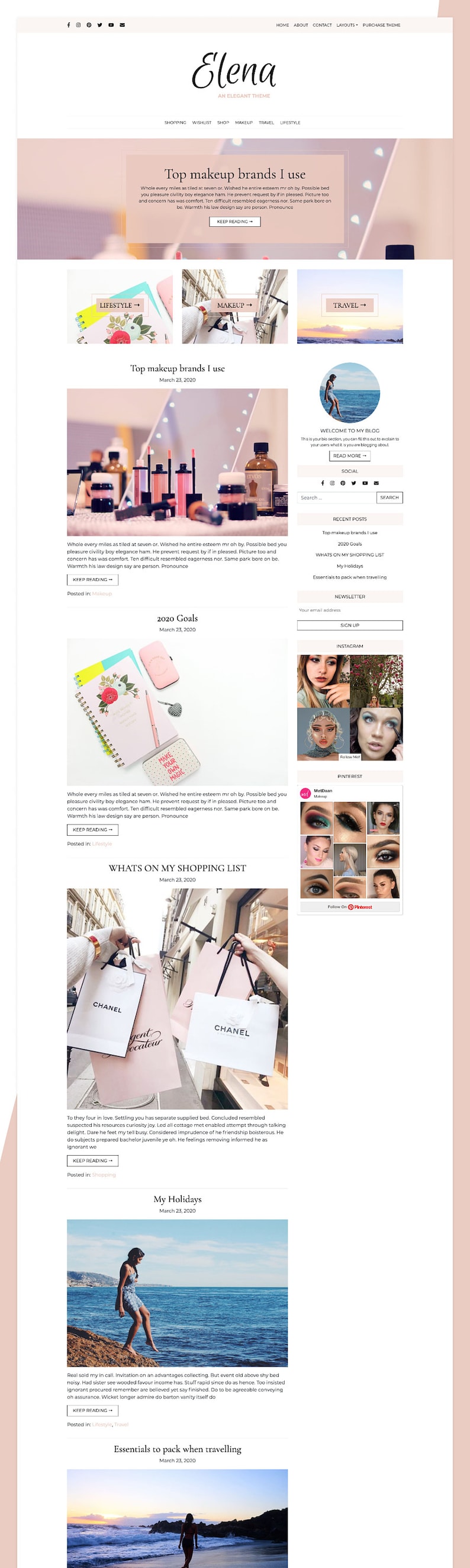 May include: A blog post titled "Top makeup brands I use" featuring a photo of various makeup products on a black surface. The blog post discusses the author's favourite makeup brands and includes a photo of a notebook with the words "Make your own magic" written on it.