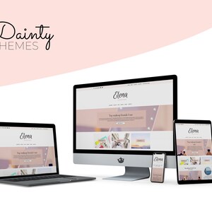 May include: A mockup of a website design for a beauty blog called "Elena". The website is shown on a desktop computer, laptop, tablet, and smartphone. The website features a pink and white color scheme and a photo of makeup products.