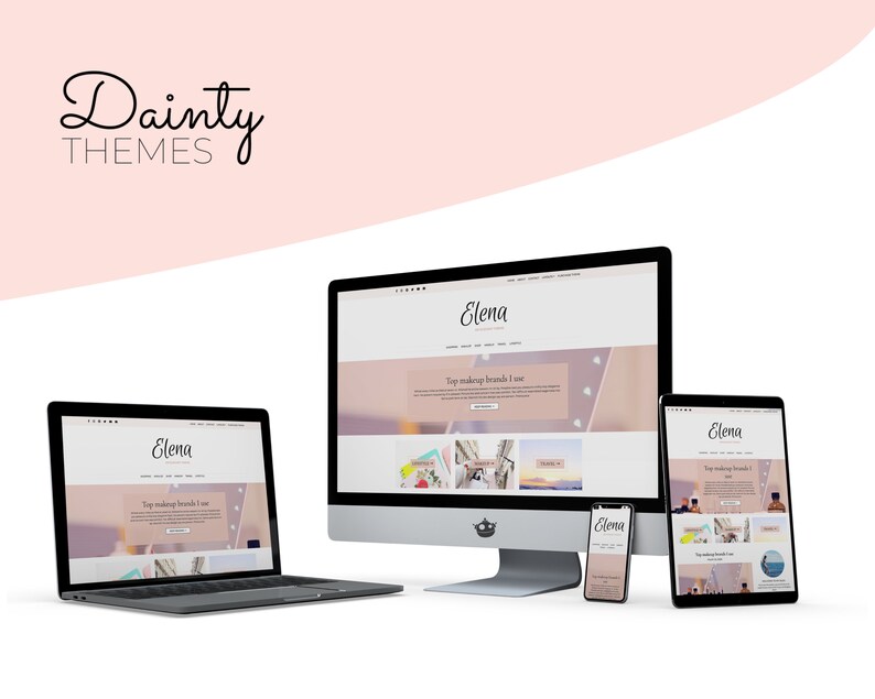 May include: A mockup of a website design for a beauty blog called "Elena". The website is shown on a desktop computer, laptop, tablet, and smartphone. The website features a pink and white color scheme and a photo of makeup products.