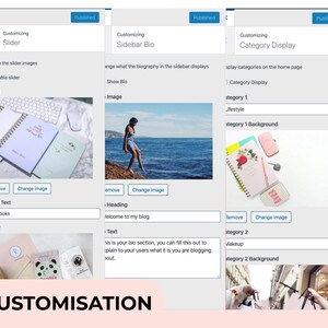 May include: A screenshot of a website interface showing customization options for a blog. The options include customizing a slider, sidebar bio, and category display. The slider has two images, one of a notebook and the other of a panda bear. The sidebar bio has a heading that says "Welcome to my blog" and a text box for the bio. The category display has two categories, "Lifestyle" and "Makeup", each with a background image.