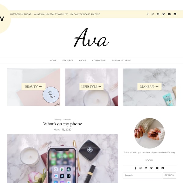 Ava Responsive WordPress Theme For Bloggers - Wordpress Blog - Feminine - Fashion - Food - Lifestyle - Wordpress Template - Download