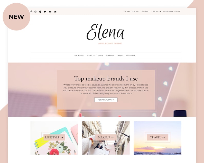 May include: Website screenshot showing a pink and white colour scheme with the text "Elena, An Elegant Theme" and the words "Top makeup brands I use". The website has a menu with the words "Shopping, Wishlist, Shop, Makeup, Travel, Lifestyle".