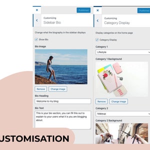 May include: Screenshot of a website interface showing options to customise a blog's sidebar and category display. The sidebar section shows a checkbox to show the bio, a placeholder image of a woman standing on a rock by the ocean, and text fields for the bio heading and bio text. The category display section shows checkboxes to enable category display, a dropdown menu to select a category name, and a placeholder image of a notebook, pen, and phone on a white background.