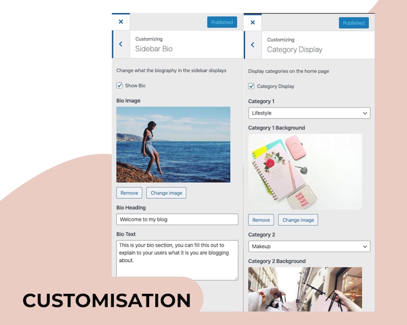 May include: Screenshot of a website interface showing options to customise a blog's sidebar and category display. The sidebar section shows a checkbox to show the bio, a placeholder image of a woman standing on a rock by the ocean, and text fields for the bio heading and bio text. The category display section shows checkboxes to enable category display, a dropdown menu to select a category name, and a placeholder image of a notebook, pen, and phone on a white background.