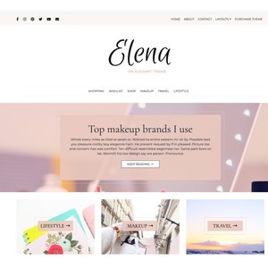 May include: Website screenshot showing a pink and white colour scheme with the text "Elena: An Elegant Theme" at the top. The website has a menu with links to "Shopping", "Wishlist", "Shop", "Makeup", "Travel", and "Lifestyle". The main content area features a pink background with the text "Top makeup brands I use" and a button that says "Keep Reading". Below the main content area are three images with the text "Lifestyle", "Makeup", and "Travel" on them.